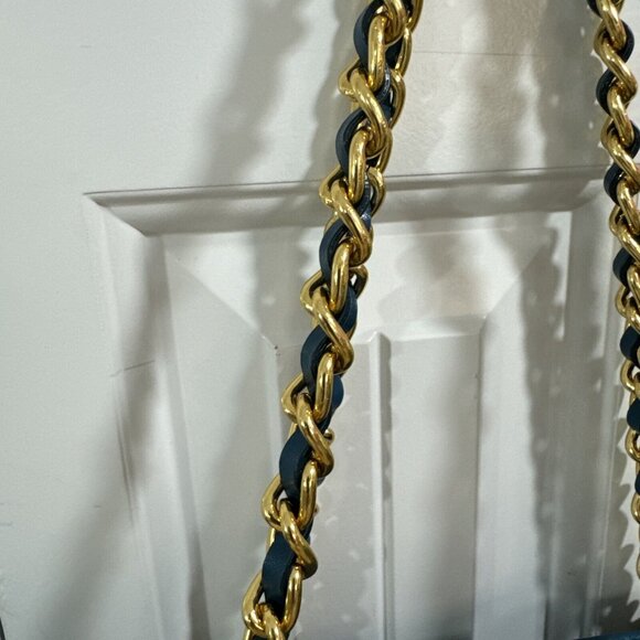 Joan Rivers Slouchy Teal Faux Leather Woven Tote Shoulder Bag Gold Chain Strap L - Picture 3 of 16